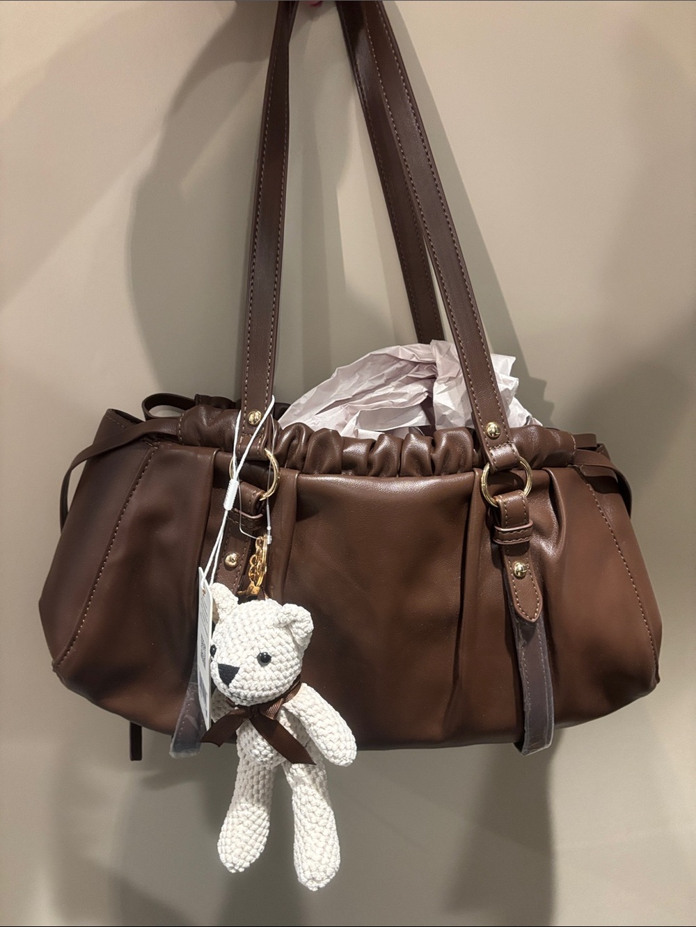 Urban Expressions Brown Leather Drawstring Shoulder Bag with Teddy Charm - Picture 3 of 5
